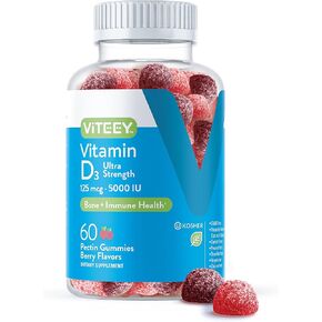 Vitamin D3 Gummies Ultra Strength 125mcg 5000 IU - Bone Health, Immune Health, Joint Muscle Support - Dietary Supplement, Pectin Chewable Gummy - for Adults Teens & Kids - Berry Flavor Jelly Chews