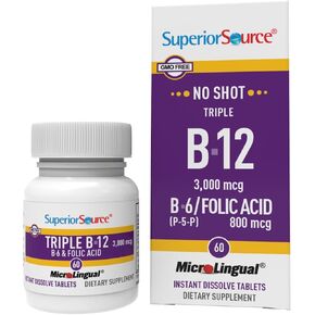 Superior Source No Shot Vitamin B12 Methylcobalamin (2000 mcg), Methylfolate, B6 (P-5-P), Quick Dissolve MicroLingual Tablets, 60 Ct, Cognitive Health, Increase Energy, Healthy Heart, Non-GMO