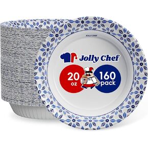 JOLLY CHEF 160 Count Paper Bowls 20 oz Soak Proof and Microwave Safe Heavy Duty Printed Disposable Bowls Bulk for Dinner or Lunch