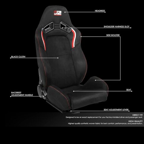 J2 Engineering J2-RS-002-BK Universal Reclinable Back Rest Racing Bucket Seats, 38" H X 21" W X 23" D, 1 Pair, Black in Kuwait