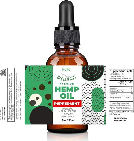 Pure wellness Hemp Seed Oil Drops Peppermint Flavor for Improved Cognitive Function, Omega 3 6 9 Fatty Acids, Organic, Non-GMO, Vegan (30,000mg 6-Pack) in Saudi Arabia