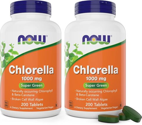 Now Chlorella Tablets,1000mg, 200 Tabs - Premium, Non-GMO Microalgae - Green Superfood Supplement in Kuwait