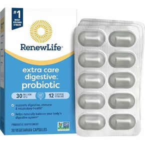 Renew Life Adult Probiotics, 30 Billion CFU Guaranteed, Probiotic Supplement for Digestive & Immune Health, Shelf Stable, Gluten Free, Extra Care, For Men & Women, 30 Capsules