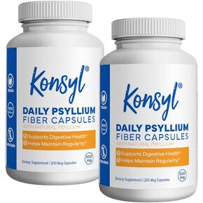 Konsyl Daily Psyllium Fiber Capsules 2 Pack - Contains 1500mg Psyllium Husk Powder per Serving - Non-GMO, Vegan, Keto - Supports Digestive Health+ (2 Pack - 200 Count Each) (Packaging May Vary)