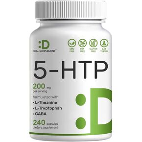 5-HTP 200mg Per Serving, 240 Capsules, 98% African Derived Griffonia Seed Extract | 4 in 1 Formula Plus Active L-Theanine, L-Tryptophan & GABA, Complete Support for Positive Mood, Relaxation