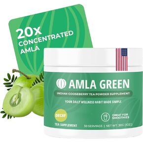 Amla Green Tea Superfood Powder Supplement, Daily Greens Antioxidant Blend with Organic Oolong Tea, 20x Concentrated Amla, Indian Gooseberries, Smooth Flavor, Drink As Tea Or In Smoothies And Recipes, 30 Servings, Decaf