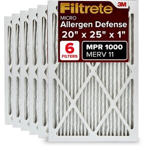 Filtrete 20x25x1 Air Filter MPR 1000 MERV 11, Allergen Defense, 6-Pack (exact dimensions 19.69x24.69x0.81)