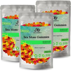 Sea Moss Gummies - Irish sea Moss raw Organic, Bladderwrack, Burdock Root. Contains Sea Moss Gel and Powder. Superfoods for Vegan, Keto and Dr Sebi Diet. Immune and Energy Boosting.