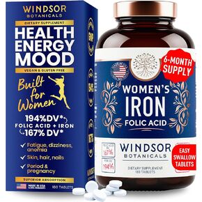 Iron Pills for Women - Iron Supplement for Women with Folic Acid - 6 Month Supply - Anemia, Period, Pregnancy Support Iron Supplements - Ferrous Sulfate, Folate Vitamin B9-180 Vegan Iron Tablets