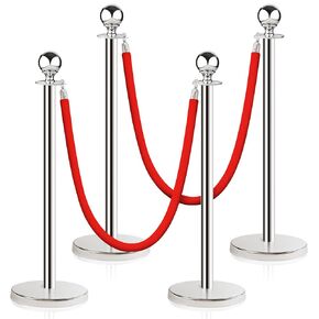Stainless Steel Stanchion Post Queue 5 ft Red Velvet Rope Red Carpet Ropes and Poles Crowd Control Barriers Sand Injection Hollow Base and Velvet Ropes Set for Party Supplies (4 Pieces, Gold)