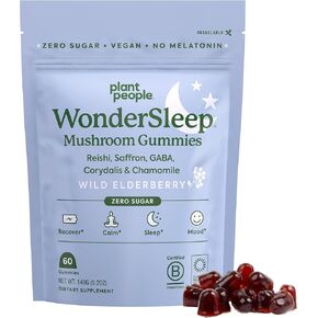 Plant People WonderSleep Mushroom Gummies for Sleep and Relaxation with Saffron, Reishi, GABA, Chamomile, Wild Elderberry Flavor, Zero Sugar, Non-GMO, Natural, Vegan and Gluten Free (60 Count)
