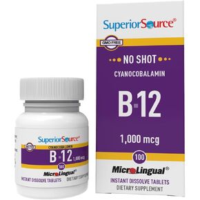 Superior Source No Shot Vitamin B12 Cyanocobalamin 1000 mcg, Quick Dissolve Sublingual Tablets, 100 Count, B12 Supplement to Increase Metabolism and Energy Production, Nervous System Support, Non-GMO