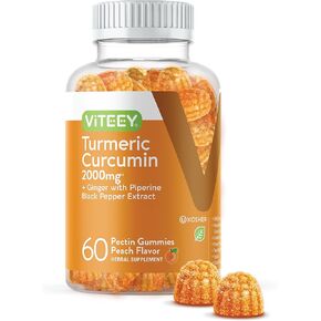 Turmeric Curcumin Gummies with Ginger & Black Pepper Herbal Supplement, 2000mg, Immune Support, Healthy Skin, and Joint Health, Vegan, Pectin Based, For Adults And Teens - Chewable Peach Flavor Gummy