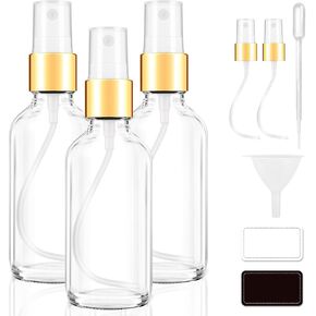 Tecohouse 4oz Glass Spray Bottles, 2-Pack Spray Bottle for Hair, Empty Spray Bottles with Labels, Funnel, Pipettes, Small Glass Fine Mist Bottles - Clear