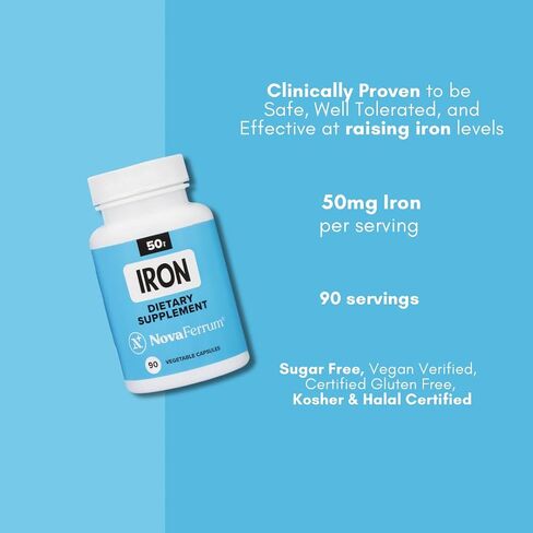 NovaFerrum All Good | Iron Supplement for Adults | 50mg of Iron Per Capsule | Supplement for Iron Deficiency in Men & Women | Vegan Verified | Gluten Free Certified | Sugar Free | 90 Count in Saudi Arabia