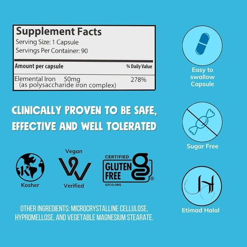 NovaFerrum All Good | Iron Supplement for Adults | 50mg of Iron Per Capsule | Supplement for Iron Deficiency in Men & Women | Vegan Verified | Gluten Free Certified | Sugar Free | 90 Count in Saudi Arabia