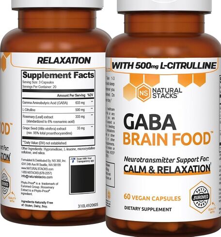 NATURAL STACKS GABA Supplement w/L-Citrulline & Grape Seed Extract - 20 Servings (60 ct.) - Deep Relaxation and Calm - Night Time Aid - Brain Food Formula Promotes GABA (Gamma-Aminobutyric Acid) in Saudi Arabia