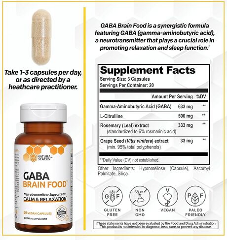 NATURAL STACKS GABA Supplement w/L-Citrulline & Grape Seed Extract - 20 Servings (60 ct.) - Deep Relaxation and Calm - Night Time Aid - Brain Food Formula Promotes GABA (Gamma-Aminobutyric Acid) in Saudi Arabia