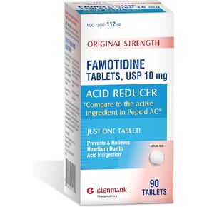 Glenmark Original Strength Famotidine Tablets, 10 mg, Acid Reducer for Heartburn Relief, 90 Count