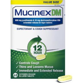 Mucinex DM 12 hour Cough and Chest Congestion Medicine -Expectorant and Cough Suppressant tablets(Lasts 12 hours/Powerful Symptom Relief/Extended-Release Bi-layer), White, 68 Count (Pack of 1)