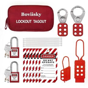 مجموعة علامات القفل الكهربائي من Boviisky - مشابك قفل المجموعة، 6 علامات قفل، 3 أقفال Loto مختلفة للمفاتيح، أربطة من النايلون مع حقيبة جيب حمراء in Kuwait