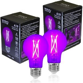 TITO 2 Pack A19 E26 Filament UV Led Black Light Bulbs, UVA 385-400nm 6W Blacklight Bulb 100W Equivalent, UV Light Bulb Glow in The Dark Black Lights for Glow Party Bedroom Decor Halloween Christmas