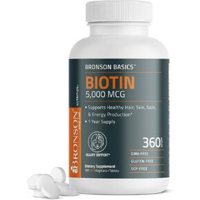 Bronson Biotin 5,000 MCG Supports Healthy Hair, Skin & Nails & Energy Production - High Potency Beauty Support - Non-GMO, 360 Vegetarian Tablets