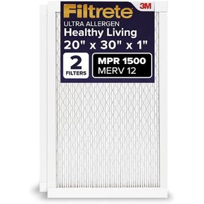 Filtrete 20x30x1 Air Filter, MPR 1500, MERV 12, Healthy Living Ultra-Allergen 3-Month Pleated 1-Inch Air Filters, 2 Filters