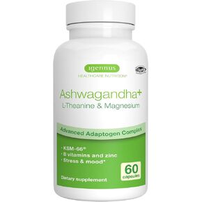 Comprehensive Ashwagandha+ L-Theanine & Magnesium, KSM-66, Advanced Adaptogen Complex for Cortisol Support with Zinc & B Vitamins, 60 Vegan Capsules, by Igennus