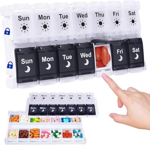 HRX Package Large Pill Organizer 2 Times a Day, Push Button Weekly Medicine Box Vitamin Cases for 7 Day AM PM in Saudi Arabia