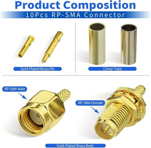 Superbat SMA Crimp Connectors Kit SMA Male + SMA Female Crimp Solder Connector Kit for RG58 RG142 RG400 RG303 RG141 LMR195 Low Loss Coax Cable 10-Pack in Kuwait