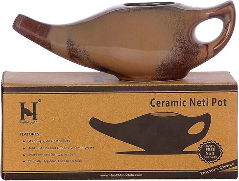 HealthGoodsIn Ceramic Neti Pot, Premium Handcrafted Durable, Dishwasher Safe with 2 Silicone Nozzle Tip, 225 Ml. (7.6 FL Oz) Capacity - Elegant Blue Gradient Color in Kuwait