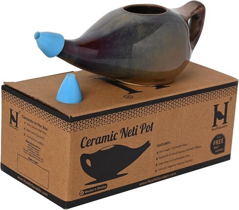 HealthGoodsIn Ceramic Neti Pot, Premium Handcrafted Durable, Dishwasher Safe with 2 Silicone Nozzle Tip, 225 Ml. (7.6 FL Oz) Capacity - Elegant Blue Gradient Color in Kuwait