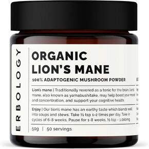 100% Organic Lion's Mane Mushroom Powder 50 Servings - 32% Beta-glucans - Calm and Focus - Hericium Erinaceus - Small Batch - Sustainably Grown in Europe - Vegan - Non-GMO - No Added Fillers