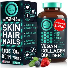 Vegan Collagen Booster Tablets - Cruelty-Free Vegan Collagen Supplements - Biotin, Organic Superfood, Plant Based Collagen Vitamins for Skin, Hair, Nails - 2-Pack, 60 Vegeterian Collagen Boost Pills
