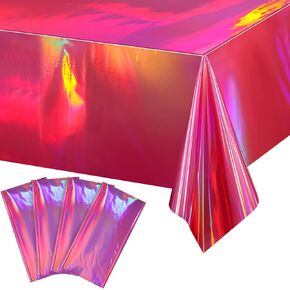 4 Pack Hot Pink Iridescence Plastic Tablecloths Shiny Disposable Laser Rectangle Table Covers Holographic Foil Tablecloth Party Decorations Birthday Bridal Wedding Christmas, 54 x 108 Inch
