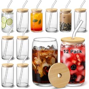 [ 6pcs Set ] Glass Cups with Bamboo Lids and Glass Straw - Beer Can Shaped, 16 oz Iced Coffee Drinking Glasses, Cute Tumbler Cup for Smoothie, Boba Tea, Whiskey, Water - 2 Cleaning Brushes in Kuwait