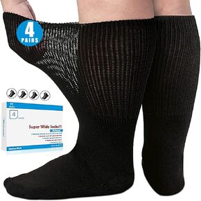 Bulinlulu Extra Width Socks for Swollen Feet- 4 Pairs Super Wide Diabetic Edema Sock, Bariatric Socks, Cast Sock, Hospital Socks for Men Women,Extra Width Lymphedema Socks-2 Black and 2 White