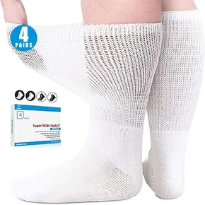 Bulinlulu Extra Width Socks for Swollen Feet- 4 Pairs Super Wide Diabetic Edema Sock, Bariatric Socks, Cast Sock, Hospital Socks for Men Women,Extra Width Lymphedema Socks-2 Black and 2 White