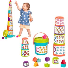Battat Stacking Cups for Toddlers and Babies, Colorful Indoor and Outdoor Educational Toys for Sorting Shapes and Nesting Cups, Beach Toys for 18+ Months Old (19 Pcs)