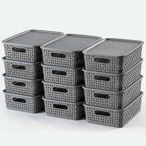 NETANY [ 8 Pack ] Plastic Storage Baskets With Lids, Small Pantry Organization, Stackable Storage Bins, Household Organizers for Cabinets, Countertop, Drawers, Under Sink or On Shelves,Gray