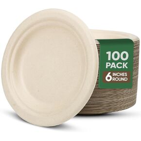 TaidMiao Paper Plates 9 Inches, 100 Pack Disposable Plates For Party – 100% Compostable Plates, Water & Oil Proof Paper Plates, Microwavable Paper Plates Bulk - Brown