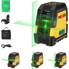 PREXISO Laser Level Self Leveling - 100Ft Rechargeable Cross Line Laser, Green Line leveler Tool for Construction, Floor Tile, Home Renovation with Magnetic Pivoting Base, Target Plate & Portable Bag