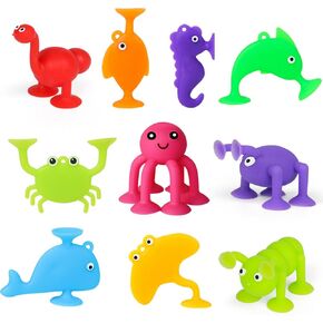 Suction Toy, Kids Bath Toy for Baby Aged 3 4 5 Years Old, 10PCS Silicone Animal Bath Sucker Toys for Toddler, Window Shower Toy with Mesh Bag Storage, Montessori Gift for Boys and Girls Age 6-8