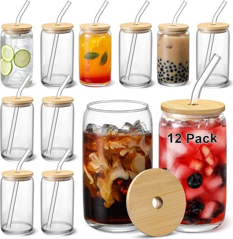 [ 6pcs Set ] Glass Cups with Bamboo Lids and Glass Straw - Beer Can Shaped, 16 oz Iced Coffee Drinking Glasses, Cute Tumbler Cup for Smoothie, Boba Tea, Whiskey, Water - 2 Cleaning Brushes in Kuwait