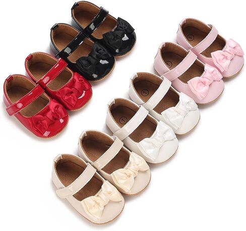 Timatego Baby Girl Mary Jane Flats Lace Bow Non-Slip Soft Sole Newborn First Walker Wedding Princess Party Dress Shoes in Kuwait
