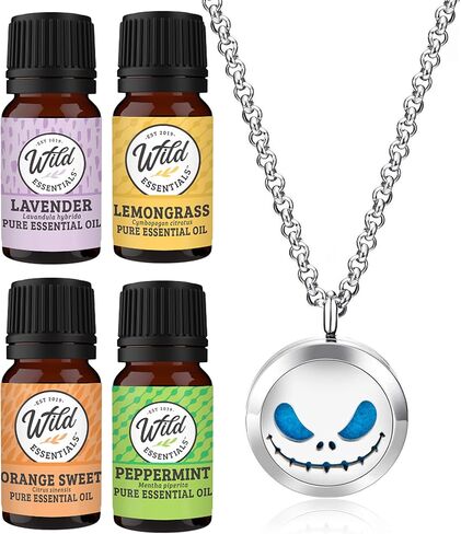 Wild Essentials Jack Skullington Essential Oil Diffuser Necklace, Stainless Steel Locket Pendant with 24 inch Chain, 12 Color Refill Pads, Customizable Color Changing Perfume Jewelry for Aromatherapy in Kuwait
