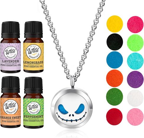 Wild Essentials Jack Skullington Essential Oil Diffuser Necklace, Stainless Steel Locket Pendant with 24 inch Chain, 12 Color Refill Pads, Customizable Color Changing Perfume Jewelry for Aromatherapy in Kuwait