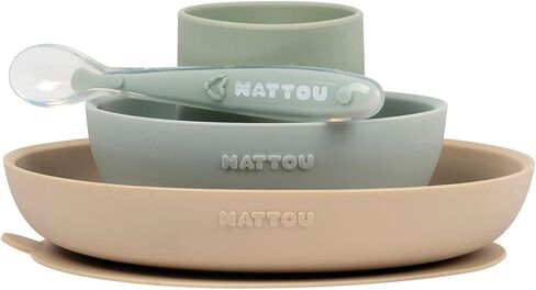 Silicone Children Tableware Set of 4 Pieces, Complete Meal with Plate, Bowl, Cup, Spoon - Safe, Stylish, Portable - Green in Kuwait