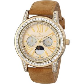 Peugeot Women Crystal Bezel Dress Watch, Day Date Moon Phase Function & Mother of Peal Dial with Roman Numeral, Suede Strap